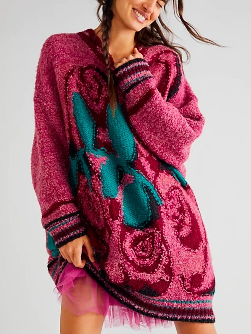 NWT $298 Free People Pink Rose Pattern Knit Sweater XS/S